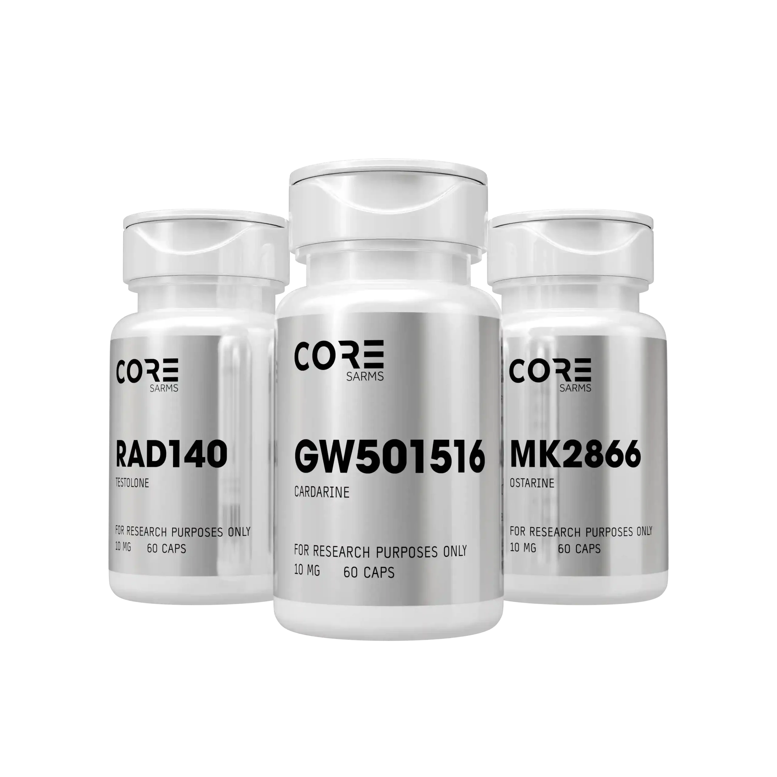Core Sarms Triple Stack featuring RAD140 Testolone, GW501516 Cardarine, and MK2866 Ostarine bottles