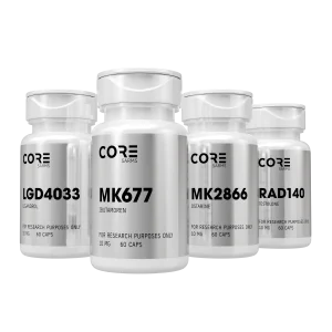 CORE SARMS supplement stack featuring LGD4033, MK677, MK2866, and RAD140