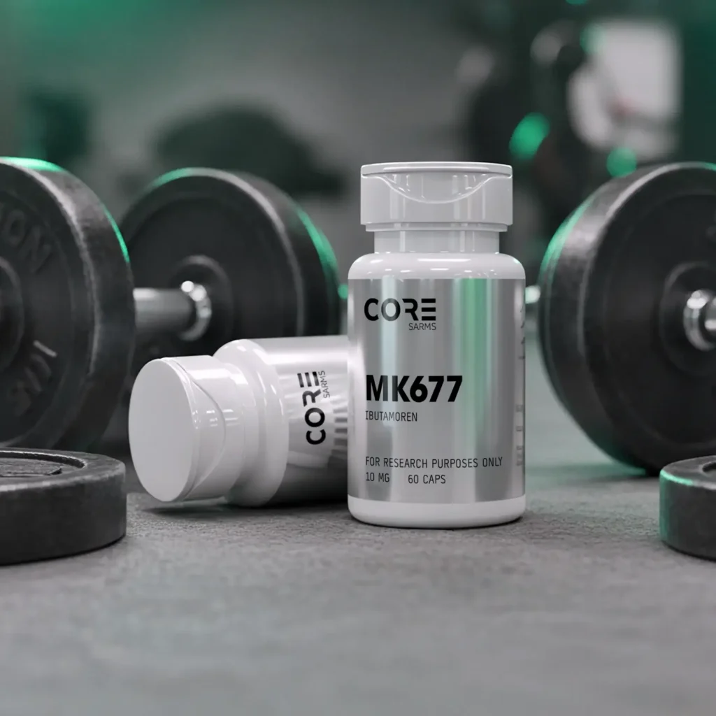 CORE SARMS MK677 supplement bottle shown with dumbbells in the background